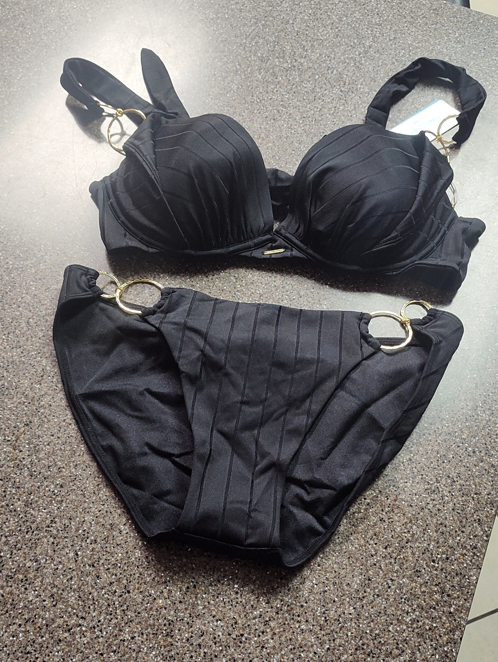 Beach Bunny Black Underwire Bikini with Gold Ring Accents DD Top LG Bottom